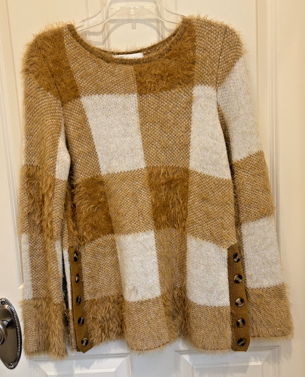 Fever Sweater Womens L Multicolor Patchwork Plaid Fuzzy Shaggy Pullover Stretch